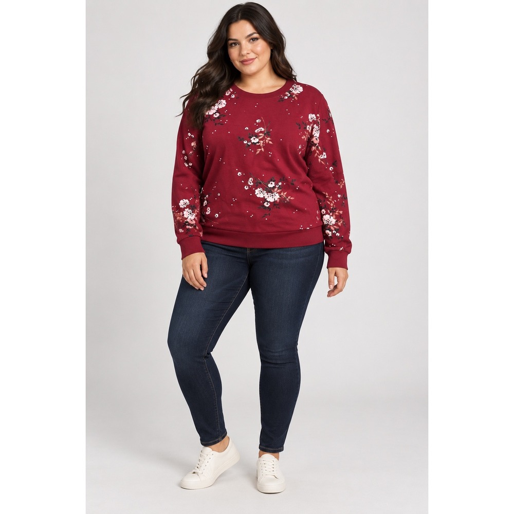 Torrid Womens Plus Size 0 Burgundy Floral Long Sleeve Crewneck Sweatshirt